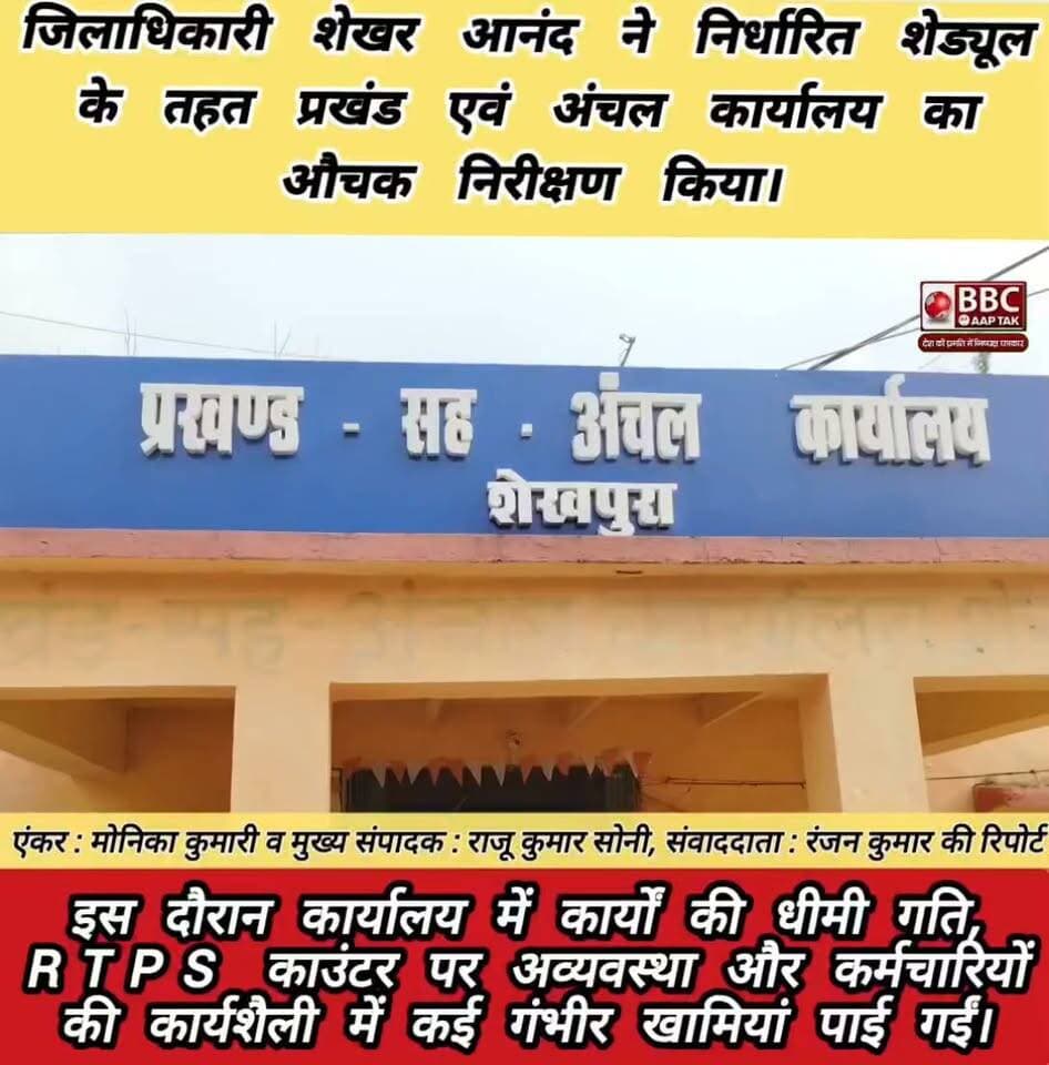 जिलाधिकारी शेखर आनंद ने निर्धारित शेड्यूल के तहत प्रखंड एवं अंचल कार्यालय का औचक निरीक्षण किया।