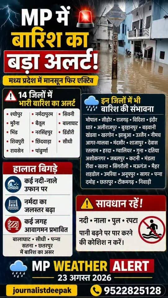 🌧️ MP में बारिश का बड़ा अलर्ट! सावधान रहें…
मध्य प्रदेश में मानसून फिर एक्टिव हो गया है। श्योपुर, मुरैना, भिंड, शिवपुरी, रायसेन, नर्मदापुरम, बैतूल, नरसिंहपुर, छिंदवाड़ा, पांढुर्णा, सिवनी, बालाघाट, डिंडौरी और सीधी में भारी बारिश का अलर्ट है।
भोपाल, सीहोर, राजगढ़, विदिशा, इंदौर, धार, अलीराजपुर, बुरहानपुर, बड़वानी, खंडवा, खरगोन, झाबुआ, उज्जैन, नीमच, आगर-मालवा, मंदसौर, शाजापुर, देवास, रतलाम, हरदा, ग्वालियर, गुना, दतिया, अशोकनगर, जबलपुर, कटनी, मंडला, रीवा, सतना, सिंगरौली, मऊगंज, मैहर, शहडोल, उमरिया, अनूपपुर, सागर, पन्ना, दमोह, छतरपुर, टीकमगढ़ और निवाड़ी में भी बारिश की संभावना है।
कई नदी-नाले उफान पर हैं और कुछ इलाकों में आवागमन प्रभावित हुआ है।
अपील: नदी, नाला, पुल या रपट पर पानी बढ़ा हो तो पार करने की कोशिश बिल्कुल न करें।
मध्य प्रदेश | 23 अगस्त 2026
9522825128 | journalistdeepak
👇 आपके जिले में बारिश का क्या हाल है? कमेंट में अपना जिला बताएं।
यह जानकारी अपने शहर/गांव के लोगों तक ज