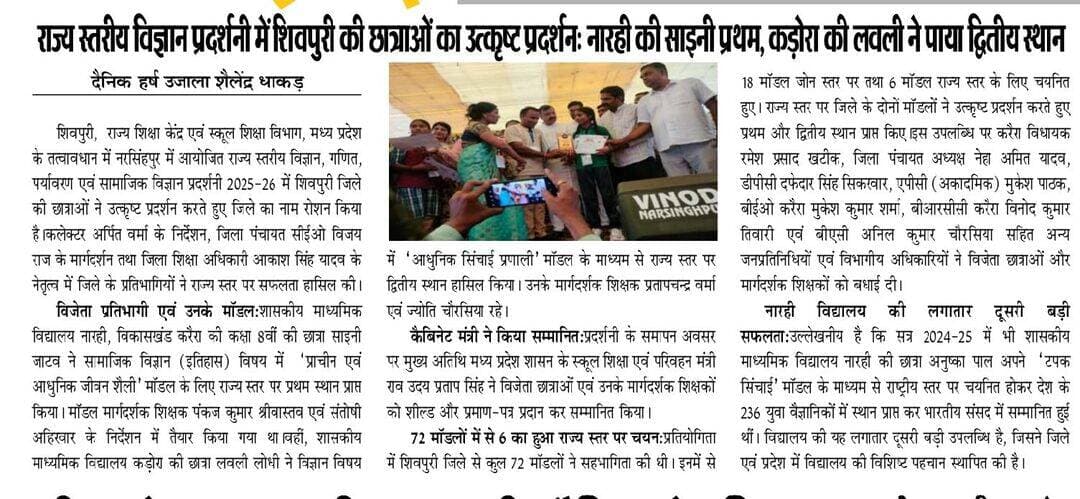 शिवपुरी। राज्य स्तरीय विज्ञान प्रदर्शनी में शिवपुरी की छात्राओं का उत्कृष्ट प्रदर्शनः नारही की साइनी प्रथम, कड़ोरा की लवली ने पाया द्वितीय स्थान
दैनिक हर्ष उजाला शैलेंद्र धाकड़