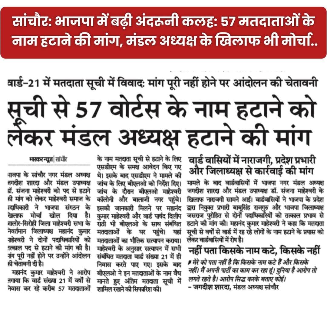 भाजपा में बढ़ी अंदरूनी कलह: 57 मतदाताओं के नाम हटाने की मांग, मंडल अध्यक्ष के खिलाफ खोला मोर्चा...