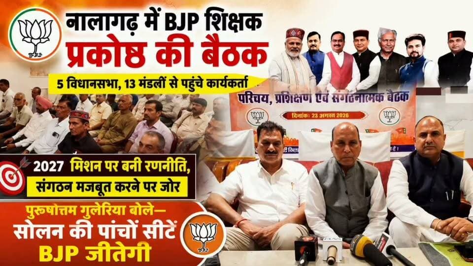नालागढ़ में BJP शिक्षक प्रकोष्ठ की बैठक, 5 विधानसभा व 13 मंडलों के कार्यकर्ता जुटे | 2027 मिशन पर रणनीति, संगठन मजबूत करने पर जोर | पुरुषोत्तम गुलेरिया बोले—सोलन की पांचों सीटें BJP जीतेगी
#Nalagarh #BJP #BJPHimachal #ShikshakPrakoshth #Solan #HimachalNews #NalagarhNews #BJPMeeting #2027Mission #BJP2027 #PurushottamGuleria #HimachalPolitics #PoliticalNews #BJPWorkers #SolanNews