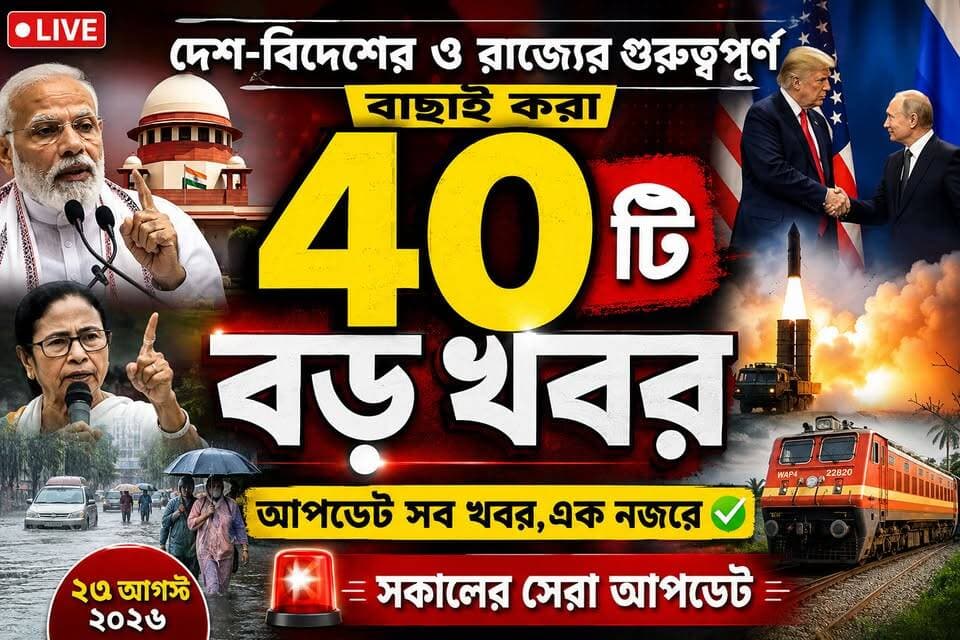 🔴 আজকের দেশ-বিদেশের ও রাজ্যের গুরুত্বপূর্ণ বাছাই করা ৪০টি বড় খবর - ২৩ আগস্ট ২০২৬