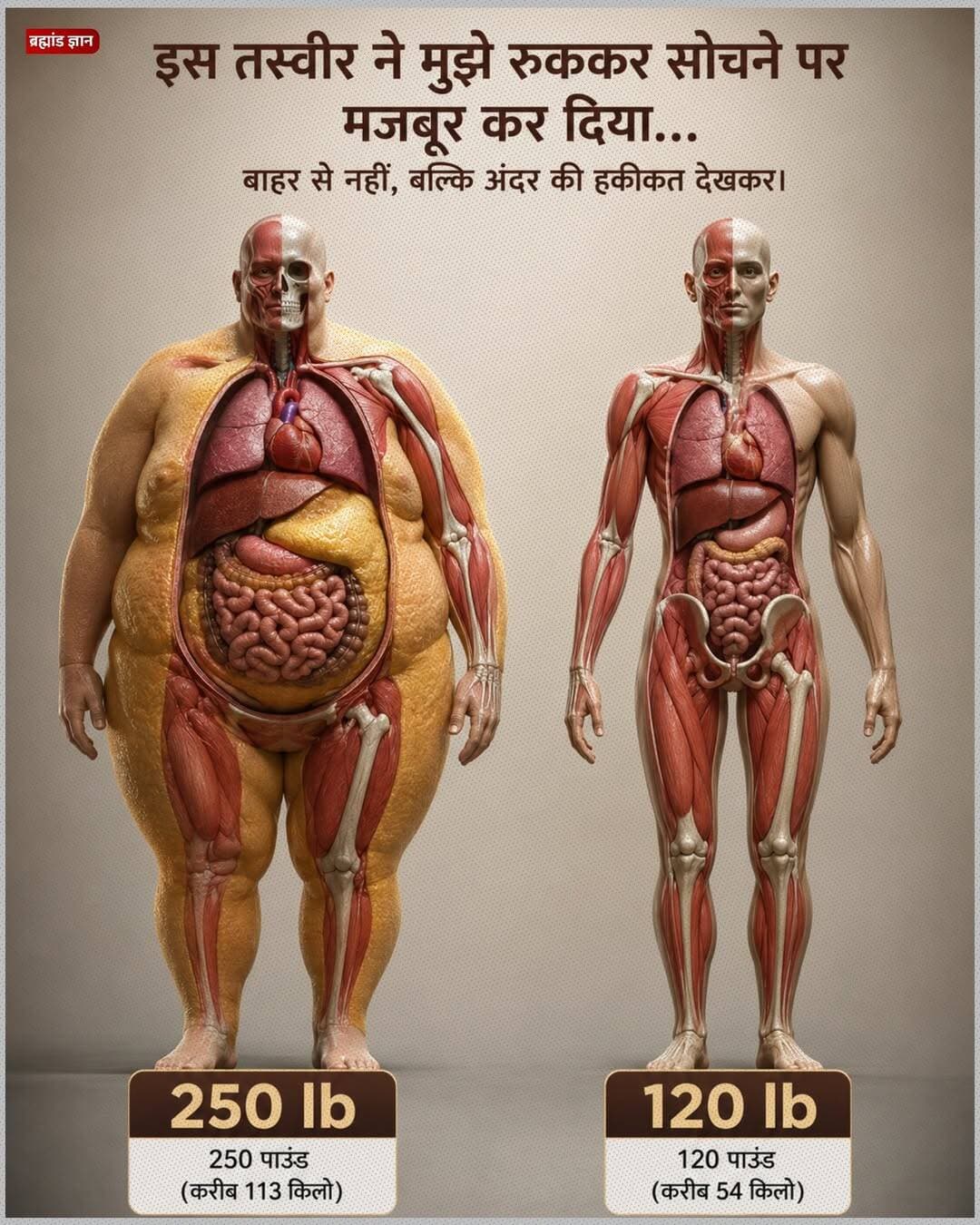 इस तस्वीर में सबसे बड़ा फर्क वजन का नहीं, शरीर के अंदर छिपी कहानी का है।
जो बदलाव बाहर दिखाई देता है, उससे कहीं ज्यादा बदलाव हमारे दिल, फेफड़ों और बाकी अंगों के अंदर हो रहे होते हैं।
हम अक्सर फिटनेस को सिर्फ दिखने से जोड़ देते हैं, लेकिन असली फर्क शरीर के अंदर होता है। जब शरीर में जरूरत से ज्यादा बॉडी फैट जमा होने लगता है, खासकर पेट के अंदर, तो उसका असर सिर्फ कपड़ों के साइज़ पर नहीं, बल्कि पूरे शरीर पर पड़ सकता है।
अतिरिक्त चर्बी दिल को ज्यादा मेहनत करने पर मजबूर कर सकती है। फेफड़ों पर दबाव बढ़ सकता है और रोजमर्रा के छोटे-छोटे काम भी थकाने लगते हैं। समय के साथ फैटी लिवर, हाई ब्लड प्रेशर और टाइप 2 डायबिटीज जैसी समस्याओं का खतरा भी बढ़ सकता है। इसका मतलब यह नहीं कि हर ज्यादा वजन वाला व्यक्ति बीमार होगा, लेकिन जोखिम जरूर बढ़ सकता है।
दूसरी तरफ, सिर्फ कम वजन होना भी फिट होने की गारंटी नहीं है। अगर शरीर में मसल्स कम हों, खान-पान खराब हो और रोज कोई फिजिकल एक्टिविटी न हो, तो दुबला दिखने वाला इंसान भी पूरी तरह स्वस्थ नहीं माना जा सकता। इसलिए सिर्फ वजन नहीं, बल्कि शरीर की पूरी सेहत मायने रखती है।
अच्छी बात यह है कि छोटे-छोटे बदलाव बड़ा असर डाल सकते हैं। रोज थोड़ा चलना, संतुलित खाना, अच्छी नींद लेना और रेगुलर एक्सरसाइज करना धीरे-धीरे शरीर को बेहतर दिशा में ले जाता है। फिटनेस किसी एक दिन का लक्ष्य नहीं, बल्कि रोज की आदतों का नतीजा होती है।
याद रखिए, असली मुकाबला किसी दूसरे इंसान से नहीं, बल्कि कल वाले अपने आप से है। अगर आज की आदतें कल से बेहतर हैं, तो आप सही रास्ते पर हैं।
आपके हिसाब से अच्छी सेहत के लिए सबसे जरूरी क्या है—संतुलित खाना, रोज़ की एक्सरसाइज या अच्छी नींद? कमेंट में जरूर बताइए।
जानकारी का ओरिजन सोर्स: विश्व स्वास्थ्य संगठन दिशानिर्देश
<nis:link nis:type=tag nis:id=health nis:value=Health nis:enabled=true nis:link/> <nis:link nis:type=tag nis:id=fitness nis:value=Fitness nis:enabled=true nis:link/> <nis:link nis:type=tag nis:id=healthylifestyle nis:value=HealthyLifestyle nis:enabled=true nis:link/> <nis:link nis:type=tag nis:id=weightloss nis:value=WeightLoss nis:enabled=true nis:link/> <nis:link nis:type=tag nis:id=wellness nis:value=Wellness nis:enabled=true nis:link/>