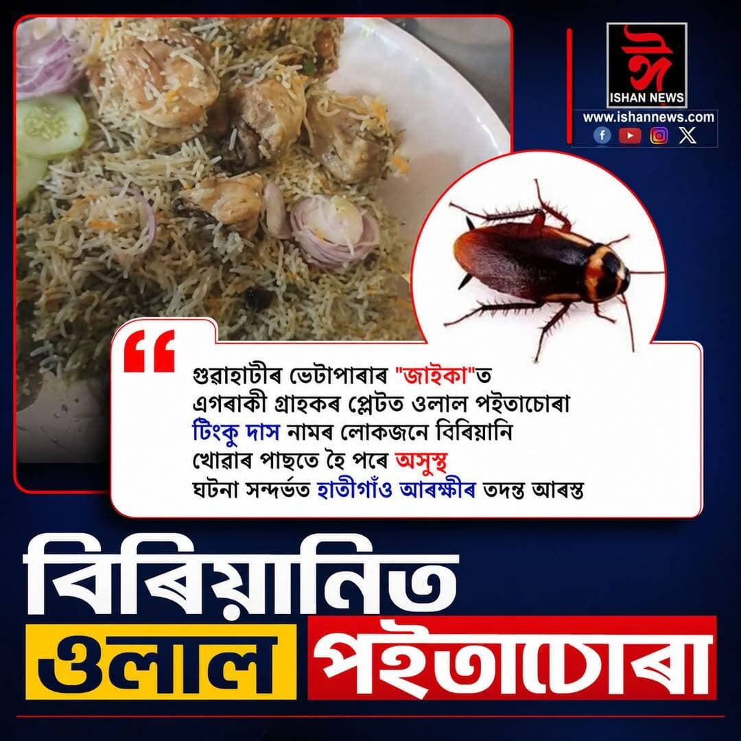 ♦ বিৰিয়ানিত ওলাল পইতাচোৰা!
♦ গুৱাহাটীৰ ভেটাপাৰাৰ "জাইকা"ত এগৰাকী গ্ৰাহকৰ প্লেটত ওলাল পইতাচোৰা।