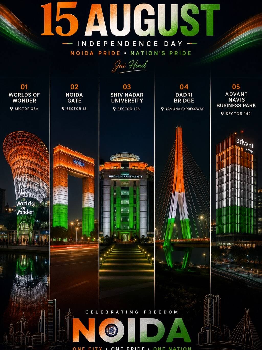 🇮🇳✨ Noida shines in the colors of the Tiranga! This Independence Day, the city’s iconic skyline and landmarks celebrate the spirit of freedom, unity, and pride. From modern architecture to vibrant lights, every corner reflects the heartbeat of a new India.
Happy Independence Day! 🇮🇳❤️
📍Location: Noida, Uttar Pradesh
Noida, Noida City, Noida Skyline, Independence Day, 15 August, Happy Independence Day, Tiranga, Tricolor Lights, India, Indian Flag, Patriotic, Noida Night View, Noida Landmark, Noida Architecture, Delhi NCR, Incredible India, Bharat, Freedom, Vande Mataram, Jai Hind, Noida Reels, Explore Noida, Visit Noida, India 2026, Independence Day Celebration
#instapost #viralpost #explore #post