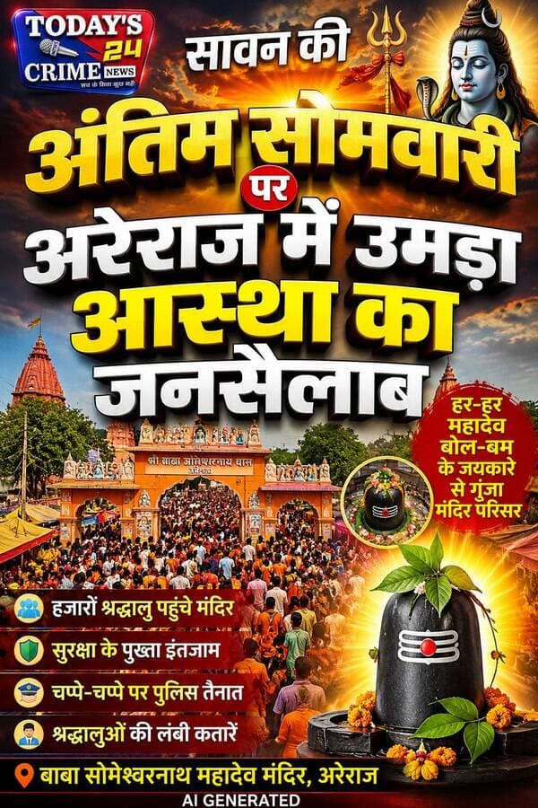सावन की अंतिम सोमवारी पर अरेराज में उमड़ा आस्था का जनसैलाब
सावन की अंतिम सोमवारी के मौके पर मोतिहारी के अरेराज स्थित ऐतिहासिक बाबा सोमेश्वरनाथ महादेव मंदिर में आस्था का जनसैलाब उमड़ पड़ा। सुबह से ही हजारों की संख्या में श्रद्धालु मंदिर पहुंच रहे हैं। मंदिर परिसर हर-हर महादेव और बोल-बम के जयकारों से गूंज उठा है। श्रद्धालुओं की भारी भीड़ को देखते हुए प्रशासन ने सुरक्षा के पुख्ता इंतजाम किए हैं। चप्पे-चप्पे पर पुलिस बल और दंडाधिकारी तैनात किए गए हैं।।।।।।।।।
#motiharinews #amiteshkumar #motiharinewsupdate #Todays_24_Crime_News #motiharpolice