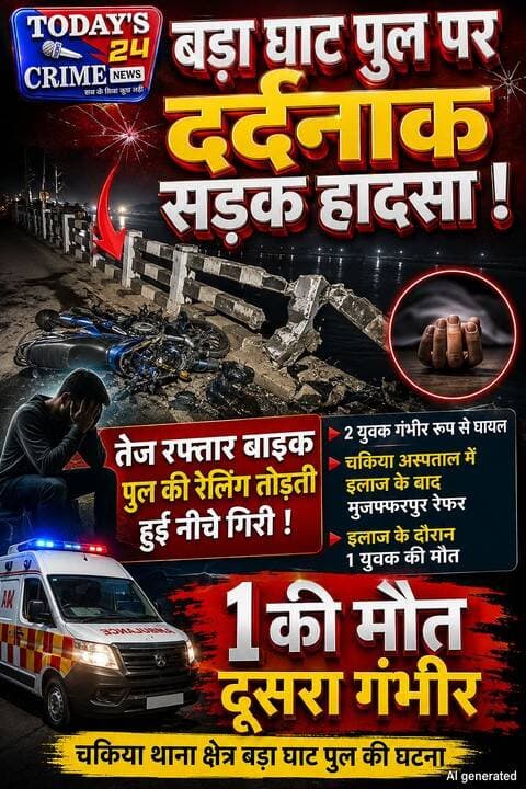 बड़ा घाट पुल पर दर्द*नाक सड़क हा*दसा, एक युवक की मौ*त
मोतिहारी के चकिया थाना क्षेत्र स्थित बड़ा घाट पुल पर देर रात तेज रफ्तार बाइक अनि*यंत्रित होकर पुल की रेलिंग तोड़ते हुए नीचे जा गिरी। हादसे में बाइक सवार दो युवक गंभीर रूप से घा*यल हो गए। दोनों को तत्काल चकिया अनुमण्डलीय अस्पताल पहुंचाया गया, जहां प्राथमिक उपचार के बाद गंभीर स्थिति को देखते हुए मुजफ्फरपुर रेफर कर दिया गया। इलाज के दौरान एक युवक की मौ*त हो गई, जबकि दूसरा गंभीर अवस्था में भर्ती है।।।।।।।।।।।।
#motiharinews #amiteshkumar #motiharinewsupdate #Todays_24_Crime_News #motiharpolice