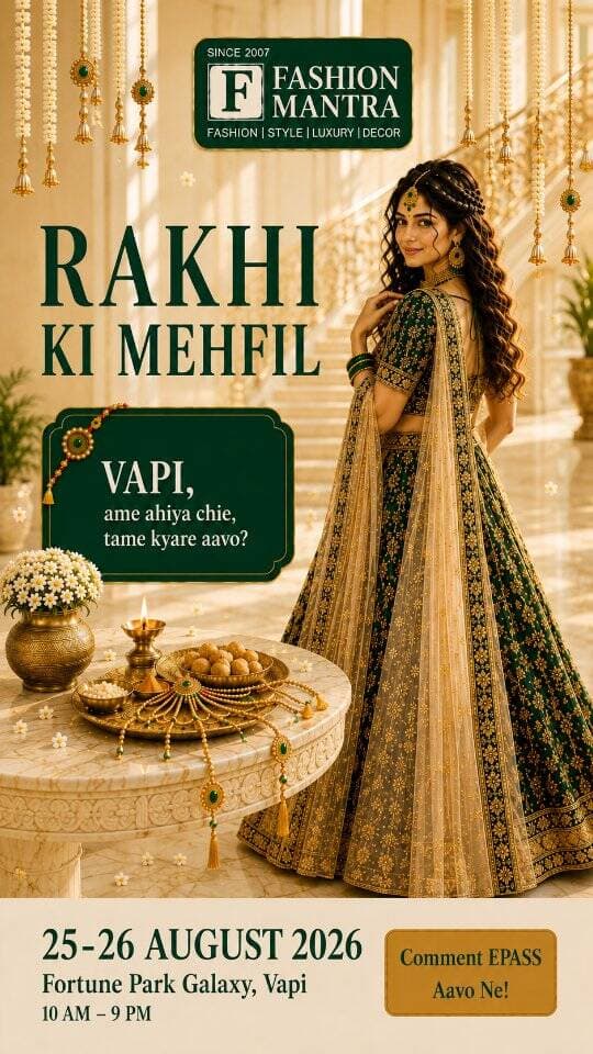 𝐕𝐀𝐏𝐈 - 𝐑𝐚𝐤𝐡𝐢 𝐊𝐢 𝐌𝐞𝐡𝐟𝐢𝐥 𝐄𝐝𝐢𝐭𝐢𝐨𝐧 𝐢𝐬 𝐡𝐞𝐫𝐞 👑🛍️
⠀
Fashion Mantra’s Rakhi Ki Mehfil Edition arrives in Vapi two days of festive fashion, designer collections & exciting lifestyle shopping.
⠀
📅 𝟐𝟓 – 𝟐𝟔 𝐀𝐮𝐠𝐮𝐬𝐭, 𝟐𝟎𝟐𝟔
📍 𝐇𝐨𝐭𝐞𝐥 𝐅𝐨𝐫𝐭𝐮𝐧𝐞 𝐏𝐚𝐫𝐤 𝐆𝐚𝐥𝐚𝐱𝐲, 𝐕𝐚𝐩𝐢
⠀
✨ 𝐑𝐚𝐤𝐡𝐢 𝐒𝐩𝐞𝐜𝐢𝐚𝐥 𝐄𝐭𝐡𝐧𝐢𝐜 𝐖𝐞𝐚𝐫
✨ 𝐄𝐥𝐞𝐠𝐚𝐧𝐭 𝐒𝐚𝐫𝐞𝐞𝐬 & 𝐃𝐞𝐬𝐢𝐠𝐧𝐞𝐫 𝐋𝐞𝐡𝐞𝐧𝐠𝐚𝐬
✨ 𝐓𝐫𝐞𝐧𝐝𝐲 𝐅𝐚𝐬𝐡𝐢𝐨𝐧, 𝐉𝐞𝐰𝐞𝐥𝐥𝐞𝐫𝐲 & 𝐋𝐢𝐟𝐞𝐬𝐭𝐲𝐥𝐞 𝐅𝐢𝐧𝐝𝐬
⠀
Celebrate the festive season with the most stylish Rakhi shopping destination in Vapi ✨
⠀
💬 DM us or call for details
📞 𝟗𝟎𝟐𝟑𝟑 𝟎𝟑𝟓𝟎𝟒 | 𝟗𝟖𝟐𝟒𝟗 𝟕𝟎𝟏𝟕𝟎
⠀
#VapiExhibition #FashionMantra #RakhiSpecialEdition #VapiEvents #Rakhi2026