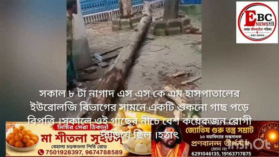 সকাল ৮ টা নাগাদ SSKM হাসপাতালের ইউরোলজি বিভাগের সামনে একটি শুকনো গাছ পড়ে বিপত্তি ।সকালে ওই গাছের নীচে বেশ কয়েকজন রোগী দাঁড়িয়ে ছিল ।হঠাৎ করেই গাছটি ভেঙে পড়ে সবাইয়ের ওপর ।ফলে একজন অত্যন্ত আশঙ্কা জনক অবস্থায় রয়েছে ।বেশ কয়েকজন আহত হয়েছে ।প্রত্যেককে ইমার্জেন্সি বিভাগে নিয়ে যাওয়া হয়েছে ।
গাছটি দীর্ঘ্য দিন ধরে শুকনো হয়েছিল ।রোগী ও তার আত্মীয়দের ক্ষোভ হাসপাতাল কর্তৃপক্ষের গাফিলতি রয়েছে ।