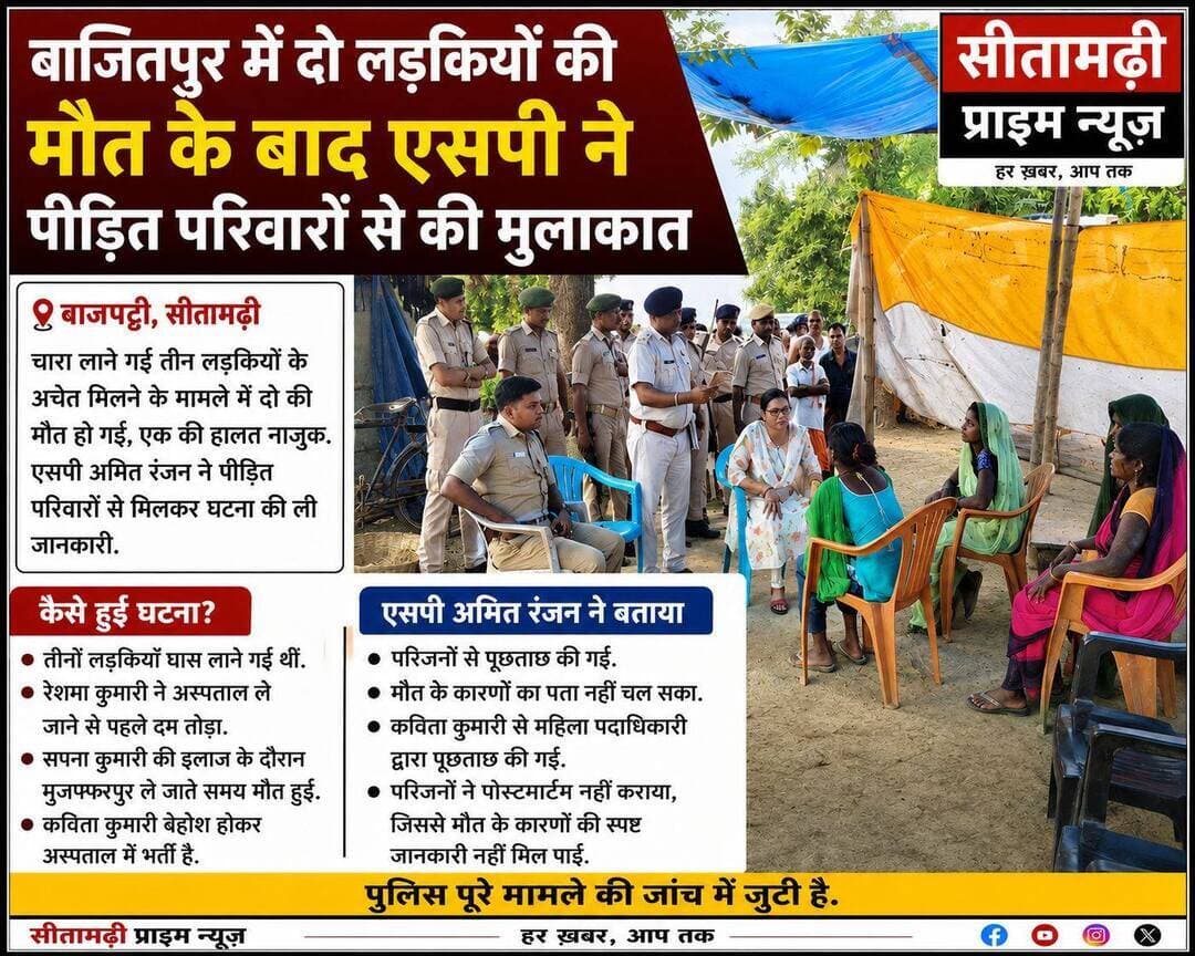 बाजितपुर में दो लड़कियों की मौत के बाद एसपी ने पीड़ित परिवारों से की मुलाकात
बाजपट्टी थाना क्षेत्र के बाजितपुर मुसहरी टोला में चारा लाने गई तीन लड़कियों के अचेत मिलने के मामले में सोमवार को सीतामढ़ी एसपी अमित रंजन पीड़ित परिवारों से मिलने पहुंचे. इस घटना में रेशमा कुमारी और सपना कुमारी की मौत हो चुकी है, जबकि तीसरी लड़की कविता कुमारी का इलाज चल रहा है.
एसपी ने परिजनों से बातचीत कर घटना की जानकारी ली. परिजनों ने बताया कि लड़कियां घास लाने गई थीं, लेकिन वे किस कारण अचेत हुईं, इसकी जानकारी नहीं है. रेशमा ने अस्पताल ले जाने से पहले दम तोड़ दिया, जबकि सपना की इलाज के दौरान मुजफ्फरपुर ले जाते समय मौत हो गई.
एसपी ने बताया कि इलाजरत कविता कुमारी से महिला पदाधिकारी द्वारा पूछताछ की गई है. कविता ने बताया कि वह दोनों लड़कियों से कुछ दूरी पर घास काट रही थी. उनके पास पहुंचने पर दोनों को अचेत देखकर उसकी भी तबीयत बिगड़ गई और वह बेहोश हो गई.
परिजनों द्वारा दोनों मृत लड़कियों का पोस्टमार्टम नहीं कराया गया है. ऐसे में मौत के स्पष्ट कारणों की जानकारी अभी नहीं मिल सकी है. पुलिस पूरे मामले की जांच कर रही है.
🔖 Hashtags
<nis:link nis:type=tag nis:id=sitamarhiprimenews nis:value=SitamarhiPrimeNews nis:enabled=true nis:link/> <nis:link nis:type=tag nis:id=sitamarhi nis:value=Sitamarhi nis:enabled=true nis:link/> <nis:link nis:type=tag nis:id=bajpatti nis:value=Bajpatti nis:enabled=true nis:link/> <nis:link nis:type=tag nis:id=bajitpur nis:value=Bajitpur nis:enabled=true nis:link/> <nis:link nis:type=tag nis:id=sitamarhinews nis:value=SitamarhiNews nis:enabled=true nis:link/> <nis:link nis:type=tag nis:id=biharnews nis:value=BiharNews nis:enabled=true nis:link/> <nis:link nis:type=tag nis:id=bajpattinews nis:value=BajpattiNews nis:enabled=true nis:link/> <nis:link nis:type=tag nis:id=breakingnews nis:value=BreakingNews nis:enabled=true nis:link/> <nis:link nis:type=tag nis:id=sitamarhipolice nis:value=SitamarhiPolice nis:enabled=true nis:link/> <nis:link nis:type=tag nis:id=spamitranjan nis:value=SPAmitRanjan nis:enabled=true nis:link/> <nis:link nis:type=tag nis:id=biharpolice nis:value=BiharPolice nis:enabled=true nis:link/> <nis:link nis:type=tag nis:id=latestnews nis:value=LatestNews nis:enabled=true nis:link/>
🔎 Google Search Questions
बाजितपुर में दो लड़कियों की मौत कैसे हुई?
बाजितपुर में तीन लड़कियों के साथ क्या हुआ?
बाजपट्टी में दो लड़कियों की मौत का कारण क्या है?
बाजितपुर की घटना में कितनी लड़कियों की मौत हुई?
बाजितपुर में लड़कियां अचेत अवस्था में क्यों मिलीं?
रेशमा कुमारी की मौत कैसे हुई?
सपना कुमारी की मौत कैसे हुई?
कविता कुमारी की हालत कैसी है?
सीतामढ़ी एसपी अमित रंजन बाजितपुर क्यों पहुंचे?
बाजितपुर मामले में पुलिस की जांच कहां तक पहुंची?
लड़कियों का पोस्टमार्टम क्यों नहीं कराया गया?
बाजितपुर घटना में मौत का कारण पता चला या नहीं?