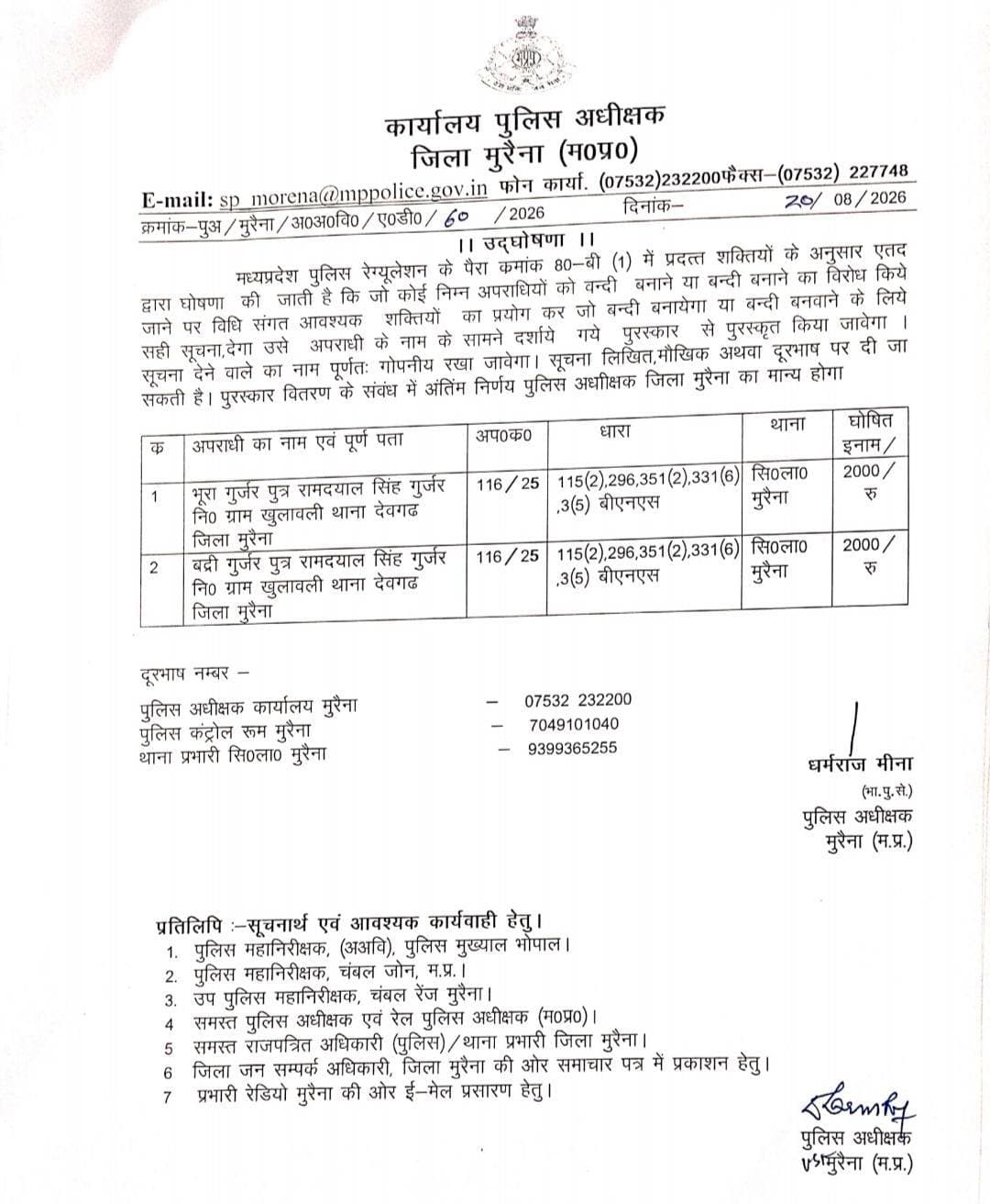 फरार अपराधियों पर इनाम घोषित