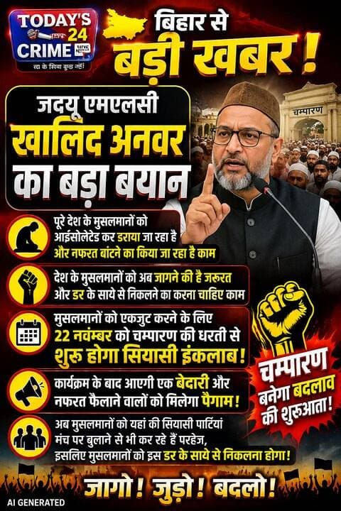 बिहार के जदयू एमएलसी खालिद अनवर का बड़ा बयान....कहा ,,पूरे देश के मुसलमानों को आइसोलेटेड कर डराया जा रहा है और नफरत बांटने का किया जा रहा है काम....देश के मुसलमानों को अब जागने की है जरूरत और डर के साये से निकलने का करना चाहिए काम....मुसलमानों को एकजुट करने के लिए 22 नवंबर को चम्पारण की धरती से शुरू होगा सियासी इंकलाब ,,।।खालिद अनवर....कार्यक्रम के बाद आएगी एक बेदारी और नफरत फैलाने वालों को मिलेगा पैगाम.....अब मुसलमानों को यहां की सियासी पार्टियां मंच पर बुलाने से भी कर रहे है परहेज ,इसलिए मुसलमनो को इस डर के साये से निकलना होगा.....!!!!!
#motiharinews #amiteshkumar #motiharinewsupdate #Todays_24_Crime_News #motiharpolice