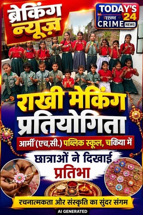 आर्मी (एच.सी.) पब्लिक स्कूल में राखी मेकिंग प्रतियोगिता, छात्राओं ने दिखाई प्रतिभा
मोतिहारी जिले के चकिया में रक्षाबंधन के अवसर पर आर्मी (एच.सी.) पब्लिक स्कूल, चकिया में विद्यार्थियों की रचनात्मक प्रतिभा को प्रोत्साहित करने के उद्देश्य से राखी मेकिंग प्रतियोगिता का आयोजन किया गया। प्रतियोगिता में विद्यार्थियों ने उत्साह और उमंग के साथ भाग लेते हुए आकर्षक एवं रंग-बिरंगी राखियां तैयार कीं।।।।।।
#motiharinews #amiteshkumar #motiharinewsupdate #Todays_24_Crime_News #motiharpolice