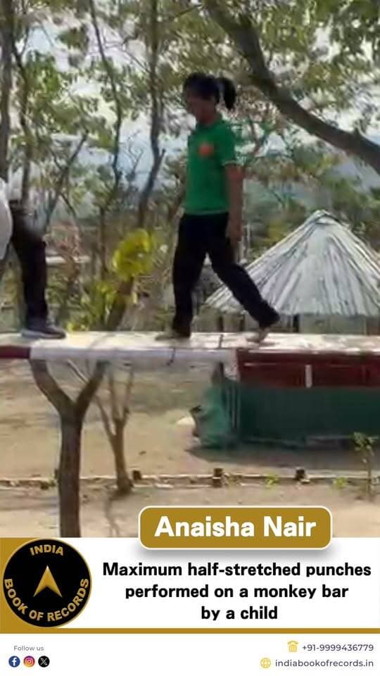 2,375 Punches on a Monkey Bar!
Anaisha Nair from Thiruvananthapuram, Kerala, performed 2,375 half-stretched punches on a punching pad while standing on a monkey bar, completing the feat in just 19 minutes and 16 seconds at the age of 7. Her remarkable strength, stamina and focus earned recognition from the India Book of Records.
#indiabookofrecords #anaishanair #youngachiever #fitnessrecord #recordholder #ibr