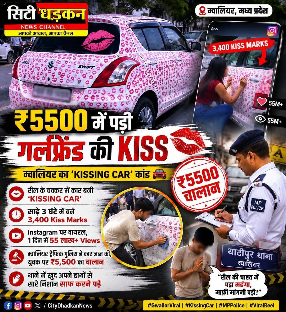 ₹5,500 में पड़ी गर्लफ्रेंड की Kiss! 💋🚗
ग्वालियर में रील के चक्कर में युवक ने अपनी Swift कार को बना डाला ‘Kissing Car’। दावा है कि गर्लफ्रेंड ने करीब साढ़े 3 घंटे में कार की बॉडी पर लिपस्टिक से 3,400 Kiss Marks बना दिए।
वीडियो Instagram पर वायरल हुआ और करीब 55 लाख views पहुंच गए। इसके बाद ग्वालियर ट्रैफिक पुलिस ने कार को जब्त कर युवक को थाने बुलाया और ₹5,500 का चालान काट दिया।
इतना ही नहीं, युवक को पुलिस के सामने कार से सारे Kiss Marks खुद साफ करने पड़े और माफी भी मांगनी पड़ी। 😳
रील के लिए किया स्टंट… पड़ गया भारी!
<nis:link nis:type=tag nis:id=gwalior nis:value=Gwalior nis:enabled=true nis:link/> <nis:link nis:type=tag nis:id=gwaliorviral nis:value=GwaliorViral nis:enabled=true nis:link/> <nis:link nis:type=tag nis:id=kissingcar nis:value=KissingCar nis:enabled=true nis:link/> <nis:link nis:type=tag nis:id=viralvideo nis:value=ViralVideo nis:enabled=true nis:link/> <nis:link nis:type=tag nis:id=trafficpolice nis:value=TrafficPolice nis:enabled=true nis:link/> <nis:link nis:type=tag nis:id=mppolice nis:value=MPPolice nis:enabled=true nis:link/> <nis:link nis:type=tag nis:id=viralreel nis:value=ViralReel nis:enabled=true nis:link/> <nis:link nis:type=tag nis:id=socialmediatrend nis:value=SocialMediaTrend nis:enabled=true nis:link/> <nis:link nis:type=tag nis:id=girlfriend nis:value=girlfriend nis:enabled=true nis:link/>