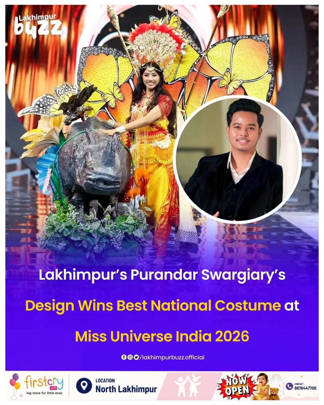 #News || Lakhimpur has a new reason to celebrate as costume designer Purandar Swargiary from Nakari puts Assam’s rich indigenous heritage on the national stage.
Swargiary has designed a stunning national costume for Miss Universe India 2026, drawing inspiration from the vibrant culture of the Bodo community and Bagurumba—the traditional “Butterfly Dance” of the Bodo people.
The costume is more than a fashion statement; it is a visual celebration of identity, nature and Assam’s cultural diversity. Its design beautifully captures the graceful movement and symbolism associated with Bagurumba while incorporating elements that represent the deep connection between the Bodo community and nature.
Adding another distinctly Assamese touch, the costume also features the one-horned rhinoceros, an iconic symbol of Assam and its wildlife heritage.
The look was brought to life with Pinky Basumatary as the model, while the blouse was designed by Alari Boutique Store. The striking butterfly drone element was created by RE Aero Events, with the entire project managed and directed by Jaiklong Basumatary.
For Lakhimpur, the creation is particularly significant as Purandar Swargiary, hailing from Nakari, has taken a piece of the region’s creative talent and Assam’s indigenous cultural heritage to a national platform.
From the rhythms of Bagurumba to the majestic rhino, the costume tells an Assamese story through fashion—proving that traditional culture can be both deeply rooted and spectacularly contemporary.
.
.
.
.
#lakhimpurbuzz #lakhimpur #northlakhimpur