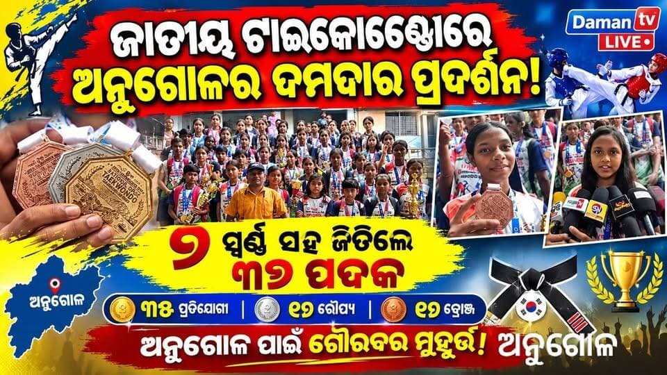ଜାତୀୟ ଟାଇକୋଣ୍ଡୋରେ ଅନୁଗୋଳର ଦମଦାର ପ୍ରଦର୍ଶନ!୭ ସ୍ୱର୍ଣ୍ଣ ସହ ଜିତିଲେ ୩୬ ପଦକ
୩୪ ପ୍ରତିଯୋଗୀ ୧୨ ରୌପ୍ୟ ୧୭ ବ୍ରୋଞ୍ଜ
ଅନୁଗୋଳ ପାଇଁ ଗୌରବର ମୁହୂର୍ତ୍ତ#ଅନୁଗୋଳ#damantv
