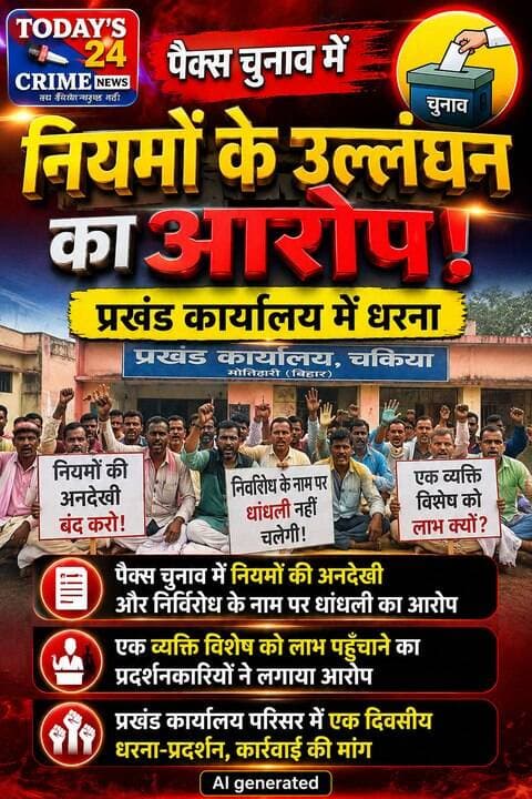 पैक्स चुनाव में नियमों के उल्लंघन का आरोप, प्रखंड कार्यालय में धरना
मोतिहारी जिले के चकिया प्रखंड की बरमदिया पंचायत में पैक्स चुनाव को लेकर मंगलवार को प्रखंड कार्यालय परिसर में एक दिवसीय धरना-प्रदर्शन किया गया। प्रदर्शनकारियों ने पैक्स चुनाव में नियमों की अनदेखी करने और निर्विरोध निर्वाचन के नाम पर एक व्यक्ति विशेष को लाभ पहुंचाने का आरोप लगाया।इस संबंध में प्रखंड विकास पदाधिकारी रजनीश कुमार ने आरोपों को निराधार बताया। उन्होंने कहा कि पैक्स चुनाव से संबंधित अधिसूचना तीन अगस्त को जारी की गई थी। इसके बाद नियमानुसार पंचायत भवन और प्रखंड कार्यालय में सूचना चस्पा की गई। सरकार की वेबसाइट पर भी तीन अगस्त को सभी आवश्यक सूचनाएं अपलोड की गई थीं। उन्होंने बताया कि अधिसूचना की प्रतिलिपि मुख्य निर्वाचन पदाधिकारी, पटना, जिला निर्वाचन पदाधिकारी, जिला उप निर्वाचन पदाधिकारी, नोडल अधिकारी, अनुमंडल पदाधिकारी, सहायक निर्वाचन पदाधिकारी, थानाध्यक्ष और बरमदिया प्राथमिक कृषि साख सहयोग समिति लिमिटेड के प्रबंधक को भी भेजी गई थी।।।।।।।।।
#motiharinews #amiteshkumar #motiharinewsupdate #Todays_24_Crime_News #motiharpolice