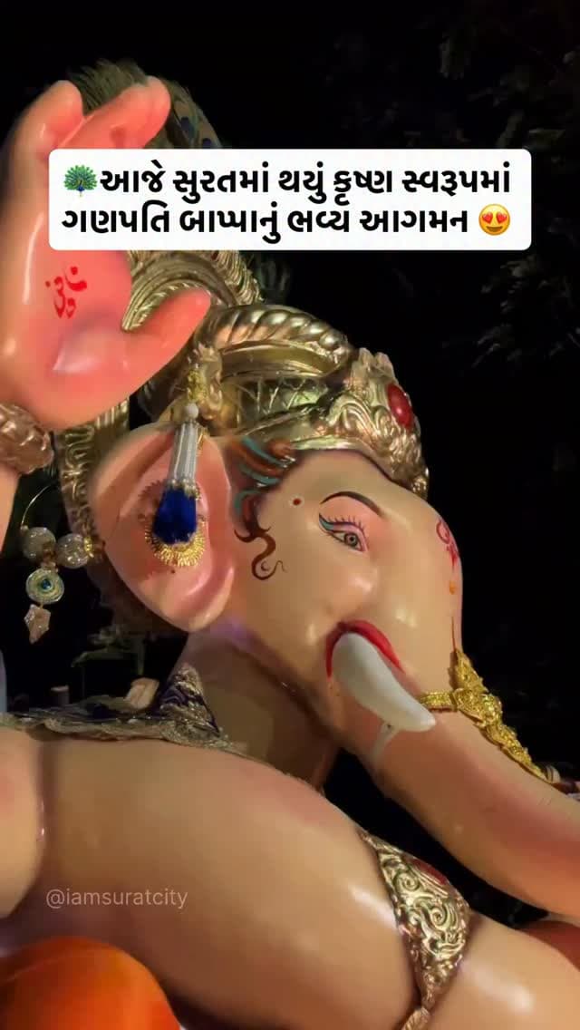 આજે સુરતમાં થયું કૃષ્ણ સ્વરૂપમાં ગણપતિ બાપ્પાનું ભવ્ય આગમન 😍🦚🪈