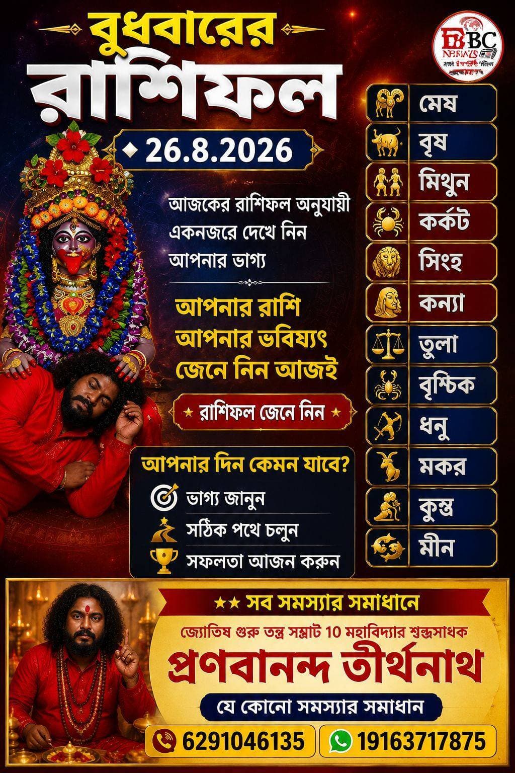 ১. মেষ (Aries):আজ কর্মক্ষেত্রে নতুন সুযোগ আসবে। আটকে থাকা টাকা ফেরত পেতে পারেন। মাথা গরম করবেন না, তর্ক এড়িয়ে চলুন। শুভ রং - লাল।
২. বৃষ (Taurus): পারিবারিক অশান্তি মিটে যাবে। ব্যবসায় লাভের যোগ আছে। প্রেমের ক্ষেত্রে দিনটি ভালো। স্বাস্থ্যের দিকে নজর দিন। শুভ রং - সাদা।
৩. মিথুন (Gemini):আজ বন্ধুদের সাহায্য পাবেন। চাকরির পরীক্ষায় সাফল্যের সম্ভাবনা। দূরে কোথাও ভ্রমণের পরিকল্পনা হতে পারে। শুভ রং - হলুদ।
৪. কর্কট (Cancer): অর্থ নিয়ে চিন্তা বাড়বে। অযথা খরচ এড়িয়ে চলুন। মায়ের স্বাস্থ্য নিয়ে চিন্তা থাকবে। সন্ধ্যার পর ভালো খবর পাবেন। শুভ রং - রুপোলি।
৫. সিংহ (Leo): আজ আপনার প্রভাব বাড়বে। সকলে আপনার কথা মানবে। সম্পত্তি সংক্রান্ত কাজে সাফল্য। প্রেমে নতুন মোড়। শুভ রং - সোনালী।
৬. কন্যা (Virgo):কর্মক্ষেত্রে প্রশংসা পাবেন। আজকের দিনটি পরিশ্রমের, তবে ফল ভালো পাবেন। পেটের সমস্যা ভোগাতে পারে। শুভ রং - সবুজ।
৭. তুলা (Libra):আজ দাম্পত্য জীবনে সুখ বাড়বে। নতুন কোনও ব্যবসা শুরু করার জন্য দিনটি শুভ। আইনি ঝামেলা থেকে মুক্তি। শুভ রং - নীল।
৮. বৃশ্চিক (Scorpio):গোপন শত্রু থেকে সাবধান। কাউকে অন্ধভাবে বিশ্বাস করবেন না। টাকা ধার দেওয়া থেকে বিরত থাকুন। শুভ রং - মেরুন।
৯. ধনু (Sagittarius): ছাত্র-ছাত্রীদের জন্য দিনটি খুব ভালো। উচ্চশিক্ষায় সুযোগ আসবে। আর্থিক উন্নতি হবে। শুভ রং - কমলা।
১০. মকর (Capricorn): কর্মস্থলে পদোন্নতির যোগ। বহুদিনের ইচ্ছে পূরণ হতে পারে। বাড়িতে অতিথি আসতে পারে। শুভ রং - খয়েরি।
১১. কুম্ভ (Aquarius):আজ অপ্রত্যাশিত অর্থ প্রাপ্তি হতে পারে। লটারি বা ফাটকায় লাভের সম্ভাবনা। মন ভালো থাকবে। শুভ রং - আকাশী।
১২. মীন (Pisces): মানসিক চাপ বাড়বে। ঠান্ডা মাথায় সিদ্ধান্ত নিন। প্রেমের সম্পর্কে ভুল বোঝাবুঝি হতে পারে। ঈশ্বরের নাম নিন। শুভ রং - বেগুনি।