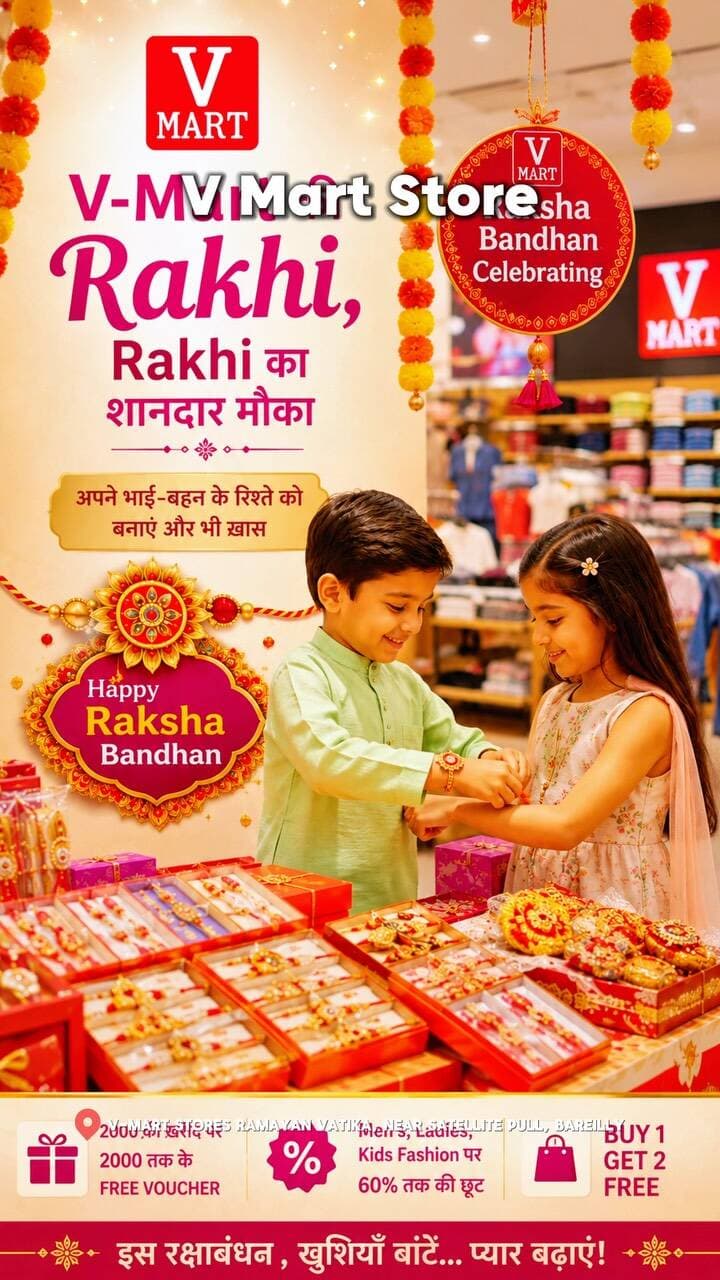 🎀 Bareilly Walo, Rakhi Shopping ka सबसे बड़ा मौका! 😍🛍️
इस Rakshabandhan V-Mart पर मिलेगी Stylish Family Shopping + शानदार Offers की पूरी रेंज! ❤️
✨ Men’s, Ladies & Kids Fashion पर 60% तक Discount
🔥 Stylish Fashion ₹99 से शुरू
🎁 और Rakhi बनाइए और जीतिए ₹50,000 तक के इनाम!
👔 Men’s | 👗 Ladies | 👧👦 Kids — पूरी फैमिली की Shopping एक ही जगह!
📍 V-Mart, Satellite Pull, Ramayan Vatika, Bareilly
तो इस Rakhi Shopping हो जाए V-Mart वाली! 🎀❤️
#VMart #VmartWaliRakhi #RakshaBandhan #Bareilly #BareillyCity