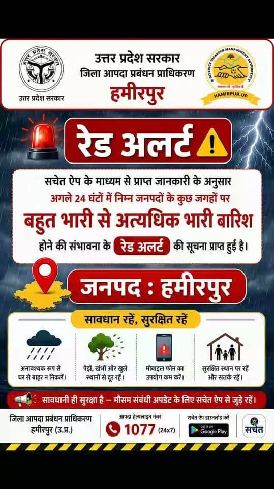 सचेत ऐप के माध्यम से प्राप्त जानकारी के अनुसार *अगले 24 घंटों में* निम्न जनपदों के कुछ जगहों पर बहुत भारी से अत्यधिक भारी बारिश होने की संभावना के *रेड अलर्ट* की सूचना प्राप्त हुई है।
*औरैया, इटावा, हमीरपुर, जालौन, झांसी, ललितपुर, महोबा*