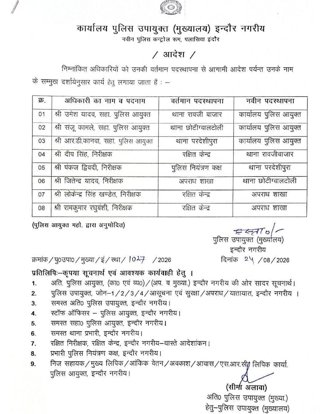 इंदौर में पुलिस अधिकारीयो की तबादला सूची 👇🏻
<nis:link nis:type=tag nis:id=madhyapradesh nis:value=MadhyaPradesh nis:enabled=true nis:link/>
<nis:link nis:type=tag nis:id=indore nis:value=indore nis:enabled=true nis:link/>