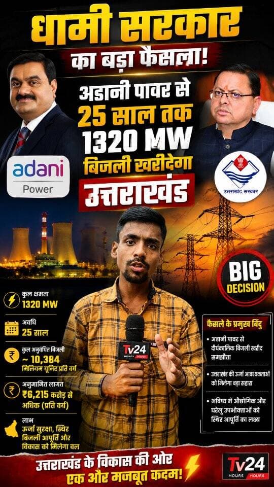 धामी सरकार का बड़ा फैसला: अडानी पावर से 25 साल तक 1320 MW बिजली खरीदेगा उत्तराखंड
Tv24Hours