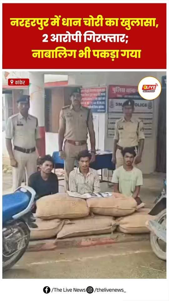 धान चोरी का खुलासा, 3 आरोपी गिरफ्तार
कांकेर । नरहरपुर पुलिस ने धान एवं नगदी चोरी के दो मामलों का खुलासा करते हुए 2 आरोपियों सहित एक 17 वर्षीय नाबालिक को गिरफ्तार किया है
पुलिस के अनुसार, खेत में रखे 24 बोरा धान चोरी होने की शिकायत पर जांच शुरू की गई थी। पूछताछ में आरोपियों ने चोरी करना स्वीकार किया। चोरी किए गए धान को बेचकर मिली रकम से खरीदा गया रेडमी मोबाइल, स्मार्ट वॉच और कपड़े, साथ ही ₹600 नगद बरामद किए गए। पुलिस ने घटना में प्रयुक्त दो मोटरसाइकिल और 5 बोरा धान भी जब्त किया है।
जांच के दौरान आरोपियों की संलिप्तता किराना एवं कंप्यूटर दुकान से ₹45,070 नगद और स्मार्ट वॉच चोरी के मामले में भी सामने आई। पुलिस ने आरोपियों को न्यायालय में पेश किया, जहां से उन्हें जेल भेज दिया गया। #thelivenews #news #kanker #chhattisgarh