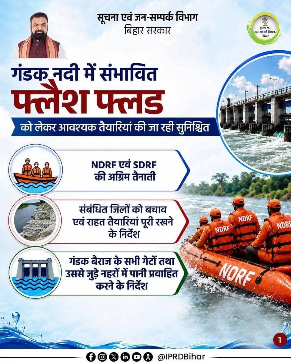 गंडक नदी में संभावित फ्लैश फ्लड की आशंका को देखते हुए बिहार सरकार द्वारा सभी आवश्यक तैयारियां सुनिश्चित की जा रही है। प्रभावित एवं संवेदनशील जिलों में प्रशासन को पूरी तरह अलर्ट मोड पर रखा गया है।
NDRF एवं SDRF की अग्रिम तैनाती के साथ संबंधित जिलों को बचाव एवं राहत कार्यों की सभी तैयारियां पूरी रखने के निर्देश दिए गए हैं।
नदी के जलस्तर, तटबंधों एवं पुल-पुलियों की 24x7 निगरानी सुनिश्चित की जा रही है। आवश्यकता पड़ने पर अतिरिक्त NDRF/SDRF टीमें, नाव, QRT एवं अन्य संसाधनों की तत्काल तैनाती की जाएगी।
बिहार सरकार हर परिस्थिति से निपटने के लिए पूरी तरह तैयार एवं सक्षम है।
Samrat Choudhary
WaterResourcesDepartment Government of Bihar
Disaster Management Department Govt. of Bihar
#BiharFloodAlert
#GandakRiver
#katihar