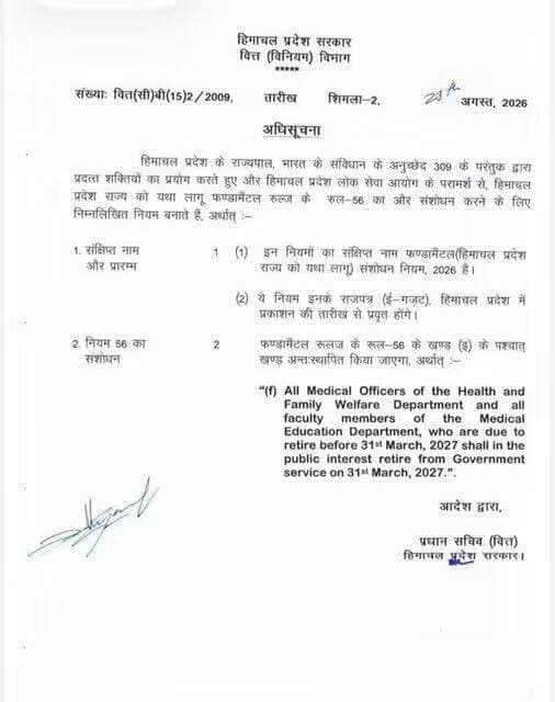 डॉक्टरों और मेडिकल फैकल्टी की सेवानिवृत्ति की तिथि में बदलाव, अब 31 मार्च 2027 तक मिलेगी सेवा विस्तार। Kullu Times