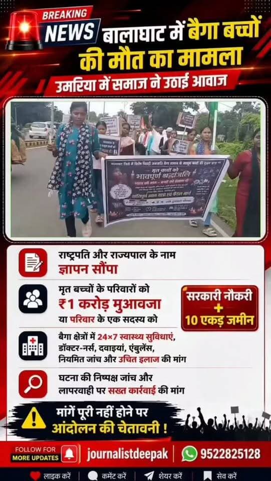 💥 बालाघाट में बैगा बच्चों की मौत का मामला, उमरिया में समाज ने उठाई आवाज
मासूम बच्चों की मौत के मामले को लेकर उमरिया के समस्त बैगा समाज ने राष्ट्रपति और राज्यपाल के नाम ज्ञापन सौंपा। समाज ने मृत बच्चों के परिवारों को ₹1 करोड़ मुआवजा या परिवार के एक सदस्य को सरकारी नौकरी एवं 10 एकड़ जमीन देने की मांग की है।
इसके साथ ही बैगा बहुल क्षेत्रों में 24×7 स्वास्थ्य सुविधाएं, डॉक्टर-नर्स, दवाइयां, एंबुलेंस, नियमित स्वास्थ्य जांच और घटना की निष्पक्ष जांच की मांग रखी गई है।
मांगें पूरी नहीं होने पर आंदोलन की चेतावनी दी गई है।
आप इस मांग को लेकर क्या सोचते हैं? कमेंट करके अपनी राय जरूर बताएं।
#Umaria #UmariaNews #BaigaSamaj #Balaghat #Baiga MadhyaPradesh MPNews BreakingNews UmariaAlert LatestNews TribalNews AdivasiNews NewsUpdate
