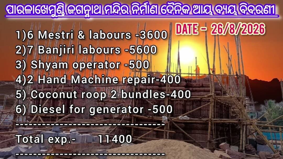 ଶ୍ରୀ ଜଗନ୍ନାଥ ମନ୍ଦିର ନିର୍ମାଣ ଆୟ ବ୍ୟୟ ବିବରଣୀ