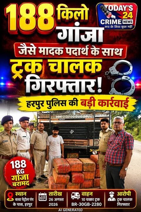 188 किलो गांजा जैसे मादक पदार्थ के साथ ट्रक चालक गिरफ्तार, हरपुर पुलिस की बड़ी कार्रवाई
पूर्वी चम्पारण में मादक पदार्थों की तस्करी के खिलाफ पुलिस ने बड़ी कार्रवाई करते हुए 188 किलोग्राम गांजा जैसे मादक पदार्थ के साथ एक ट्रक चालक को गिरफ्तार किया है। कार्रवाई हरपुर थाना क्षेत्र में गुप्त सूचना के आधार पर की गई। पुलिस के अनुसार, 26 अगस्त 2026 को हरपुर थाना पुलिस बरवा पेट्रोल पंप के पास वाहनों की जांच कर रही थी। इसी दौरान एक 10 चक्का ट्रक, जिसका रजिस्ट्रेशन नंबर BR-30GB-2280 है, को जांच के लिए रोका गया।।।।।।।।।।।।।।
#motiharinews #amiteshkumar #motiharinewsupdate #Todays_24_Crime_News #motiharpolice