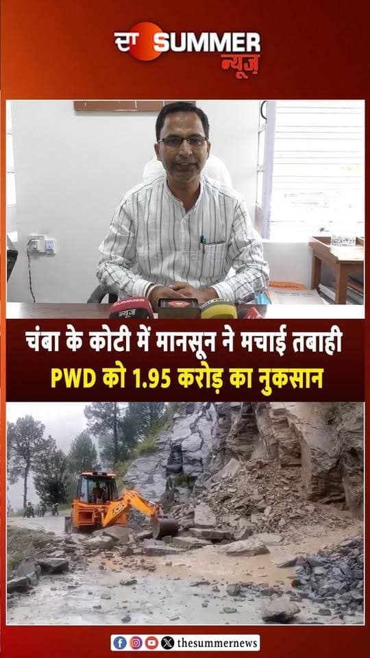 चंबा के कोटी में मानसून ने मचाई त. बाही
PWD को 1.95 करोड़ का नुकसान