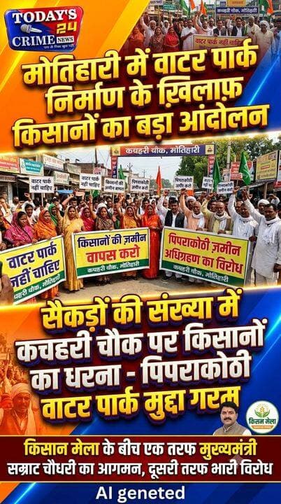 मोतिहारीं में वाटर पार्क निर्माण को लेकर एक बार फिर आंदोलित हुए किसान
किसान मेला के बीच पिपराकोठी वाटर पार्क का मुद्दा फिर हुआ गरम,
सैकड़ो की संख्या में कचहरी चौक पर किसानों का धरना
एक तरफ मोतिहारी में किसानों के लिए किसान मेले का आयोजन हो रहा है, जिसमें मुख्यमंत्री सम्राट चौधरी के शामिल होने की संभावना है, तो दूसरी तरफ पिपराकोठी वाटर पार्क निर्माण को लेकर किसानों का आंदोलन एक बार फिर तेज हो गया है। वाटर पार्क के लिए जमीन अधिग्रहित किये जाने का विरोध कर रहे किसानों ने मोतिहारी के कचहरी चौक पर आज धरना-प्रदर्शन शुरू कर दिया है। आंदोलन में महिला और पुरुष समेत बड़ी संख्या में किसान शामिल हैं।।।।।।।।।।।
#motiharinews #amiteshkumar #motiharinewsupdate #Todays_24_Crime_News #motiharpolice