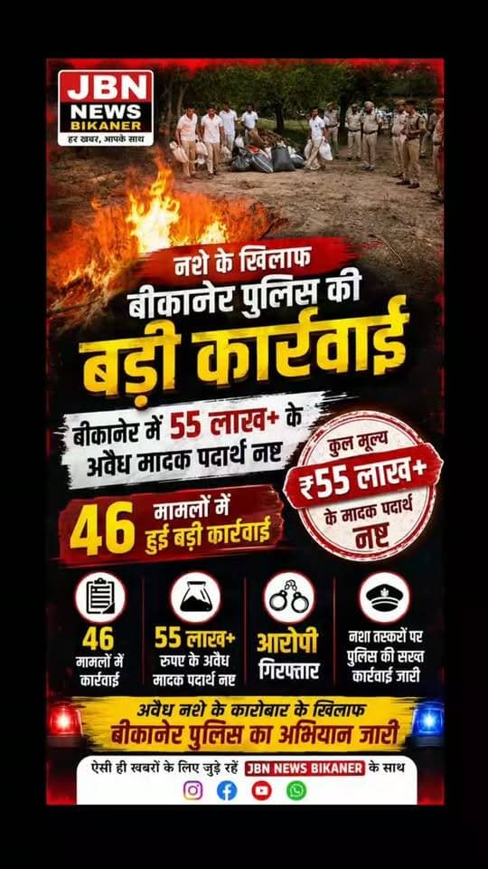 JBN NEWS BIKANER बीकानेर में 55 लाख से ज्यादा के अवैध मादक पदार्थ नष्ट, 46 मामलों में हुई बड़ी कार्रवाई