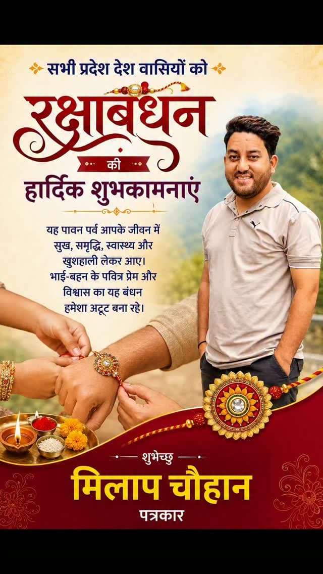 🎀 रक्षाबंधन की हार्दिक शुभकामनाएं 🎀
भाई-बहन के पवित्र प्रेम, विश्वास और अटूट रिश्ते का पर्व रक्षाबंधन सभी प्रदेश एवं देशवासियों के जीवन में सुख, समृद्धि और खुशियां लेकर आए। ❤️🙏
इस पावन अवसर पर सभी भाई-बहनों को ढेरों शुभकामनाएं।
ईश्वर से प्रार्थना है कि भाई-बहन का यह अटूट प्रेम और विश्वास हमेशा बना रहे। 🌸
शुभेच्छु — मिलाप चौहान
पत्रकार