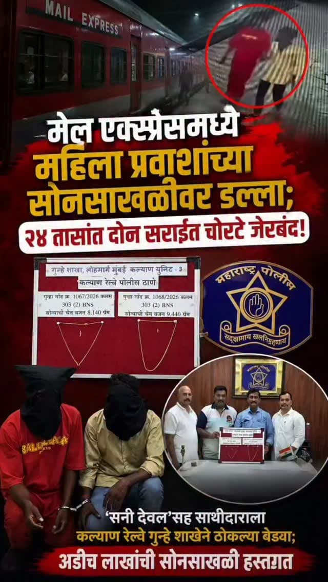 मेल एक्स्प्रेसमध्ये महिला प्रवाशांच्या सोनसाखळीवर डल्ला; २४ तासांत दोन सराईत चोरटे जेरबंद!
‘सनी देवल’सह साथीदाराला कल्याण रेल्वे गुन्हे शाखेने ठोकल्या बेड्या; अडीच लाखांची सोनसाखळी हस्तगत
कल्याण : मेल एक्स्प्रेसमधून प्रवास करणाऱ्या महिला प्रवाशांच्या गळ्यातील सोन्याच्या चैन हातचलाखीने लंपास करणाऱ्या दोन सराईत चोरट्यांना कल्याण रेल्वे गुन्हे शाखेच्या पथकाने अवघ्या २४ तासांत बेड्या ठोकल्या आहेत.
दीपक चौहान आणि सनी देवल उर्फ भोला चौहान अशी अटक करण्यात आलेल्या आरोपींची नावे आहेत. मेल एक्स्प्रेसमध्ये गर्दीचा फायदा घेत किंवा लक्ष विचलित करत महिला प्रवाशांच्या गळ्यातील सोनसाखळी चोरण्याची पद्धत असल्याचे तपासात समोर आले आहे.
पोलिसांनी आरोपींकडून चोरी केलेली १७ ग्रॅम वजनाची, अंदाजे अडीच लाख रुपये किमतीची सोन्याची चैन हस्तगत केली आहे.गुन्हा दाखल झाल्यानंतर कल्याण रेल्वे गुन्हे शाखेच्या पथकाने तपासाची चक्रे वेगाने फ�