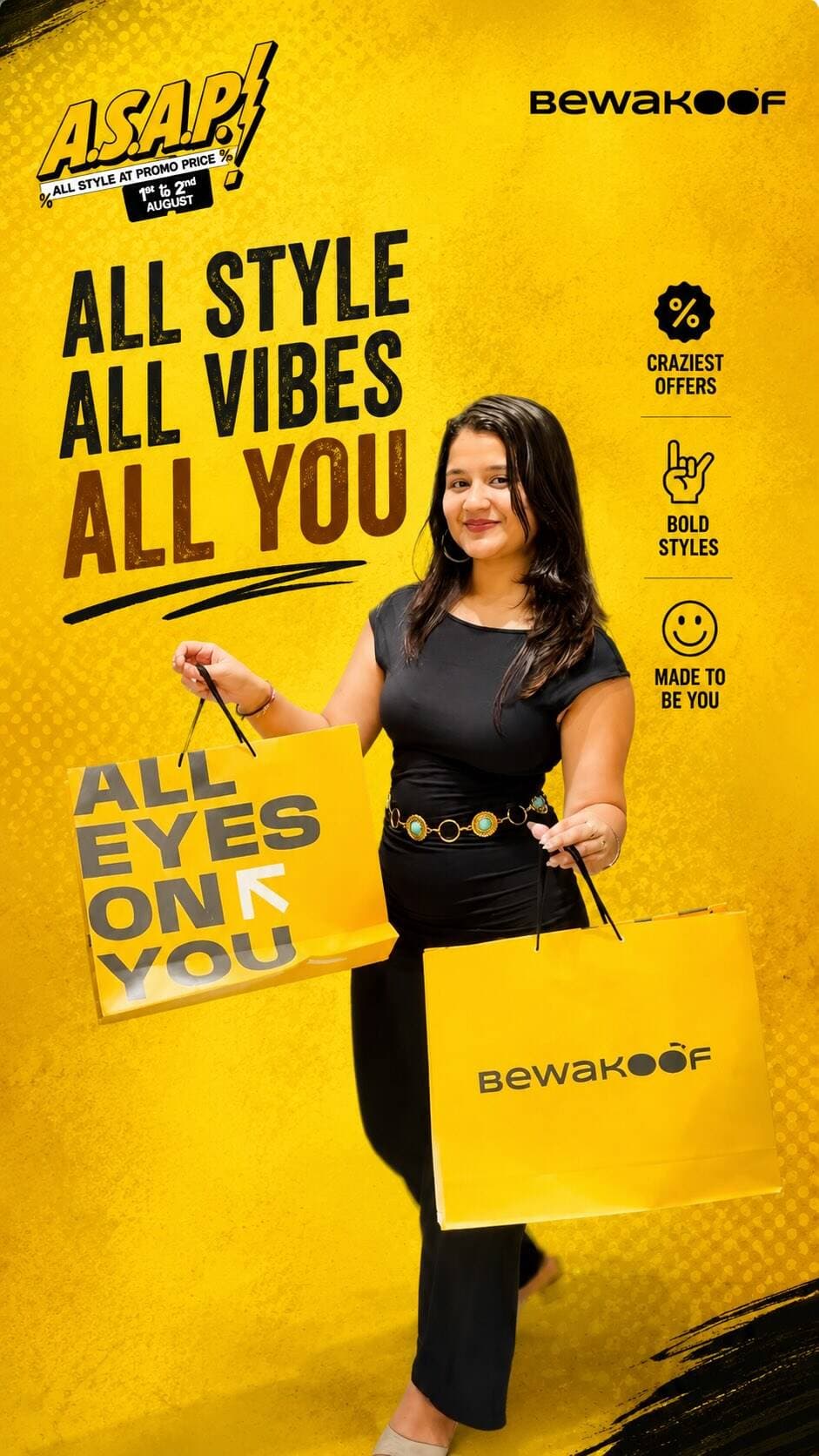 🕷️ FREE Spider-Man Movie Tickets + Unbeatable Fashion Deals? Only at Bewakoof! 🎬🔥
📍 Bewakoof Store, Linking Road, Bandra
📅 1st & 2nd August
👕 T-Shirts up to ₹999 @ Flat ₹599
🛍️ Rest of the merchandise @ Flat ₹999
🕸️ Exclusive for the First 100 Shoppers!
🛍️ Shop for ₹1,500 and get 1 FREE ticket to watch Spider-Man: Brand New Day
🛍️ Shop for ₹3,000 and get 2 FREE tickets to watch Spider-Man: Brand New Day
🎬 Movie Screening
📅 2nd August
🕓 4:00 PM
📍 Gold Cinema, Santacruz
🎉 Plus, 3 Lucky Shoppers will win:
🎁 ₹10,000 Gift Voucher
🎁 ₹5,000 Gift Voucher
🎁 ₹3,000 Gift Voucher
Hurry! Be among the first 100 shoppers, grab your favourite styles, score your Spider-Man movie tickets, and stand a chance to win exciting prizes! 🕷️🛍️
T&C Apply | Tickets limited to last stock.
#Bewakoof #ASAPSale #LinkingRoad #Bandra #SpiderManBrandNewDay
