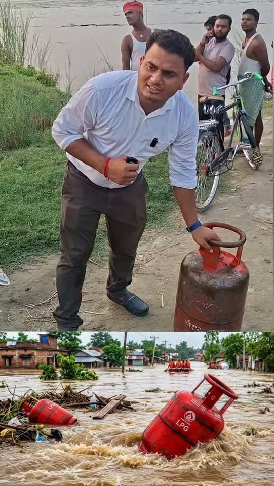 🌊 नेपाल की बाढ़ का भारत में असर! पानी में बहकर आया गैस सिलेंडर, युवक ने निकाला #NepalNews #NepalFlood