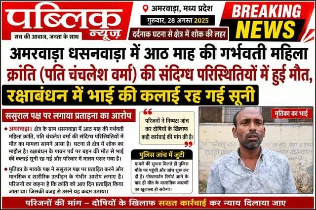 रक्षाबंधन में भाई की कलाई रह गई सुनी, धसनवाड़ा में संदिग्ध परिस्थितियों में आठ माह की गर्भवती महिला की हुई मौत
#amarwaracity #madhyapradesh #chhindwara #explorepage✨ #viralreelsシ