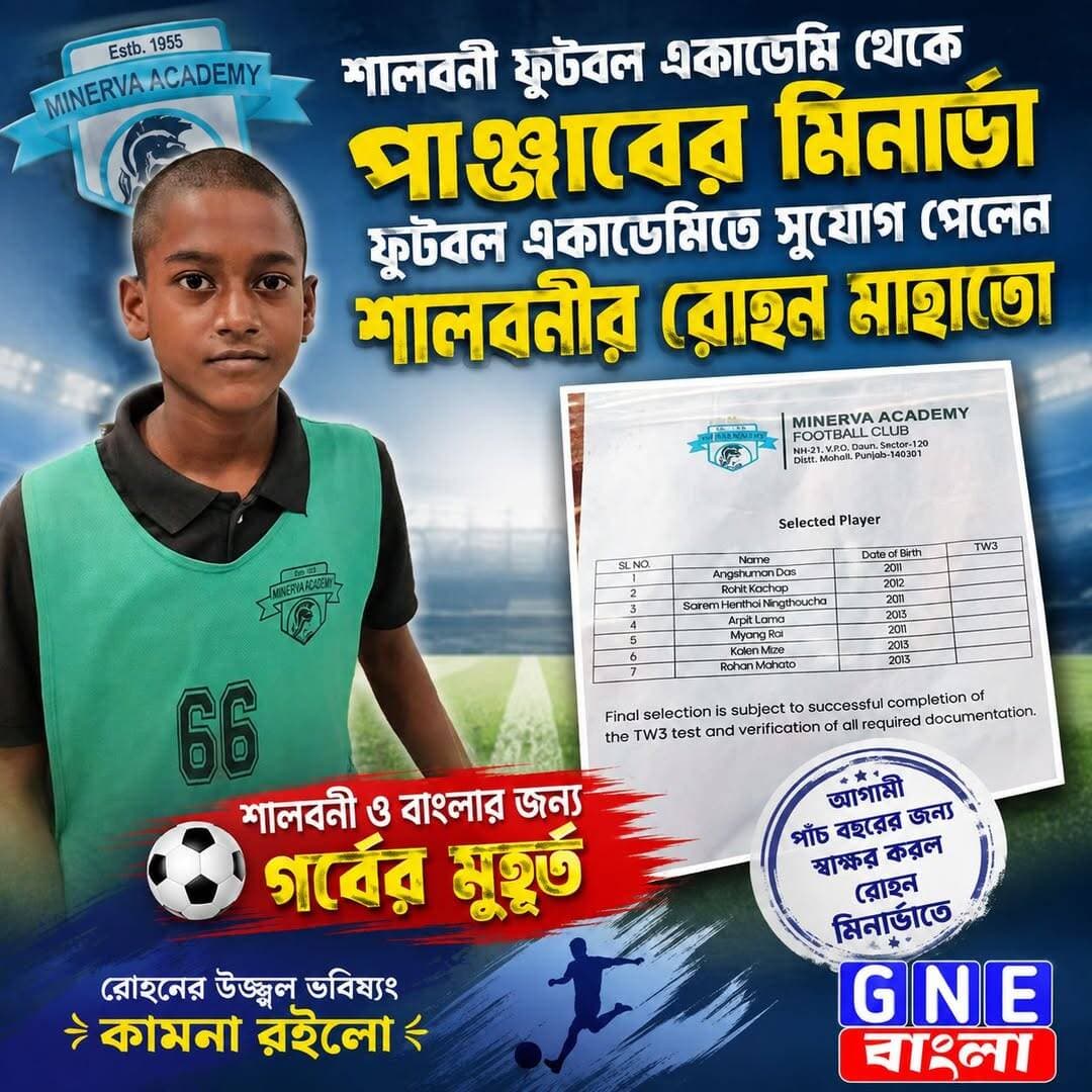 শালবনী ফুটবল একাডেমি থেকে পাঞ্জাবের মিনার্ভা ফুটবল একাডেমিতে সুযোগ পেলন শালবনীর রোহন মাহাতো (আগামী পাঁচ বছরের জন্য স্বাক্ষর করল রোহন মিনার্ভাতে)
<nis:link nis:type=tag nis:id=gnebangla nis:value=GNEbangla nis:enabled=true nis:link/> <nis:link nis:type=tag nis:id=football nis:value=football nis:enabled=true nis:link/> <nis:link nis:type=tag nis:id=minarva nis:value=minarva nis:enabled=true nis:link/> <nis:link nis:type=tag nis:id=salboni nis:value=Salboni nis:enabled=true nis:link/> <nis:link nis:type=tag nis:id=paschim_medinipur nis:value=PASCHIM_MEDINIPUR nis:enabled=true nis:link/> Biman Mahata Dr Sankar Kr Guchhait Jyotirmay Singh Mahato