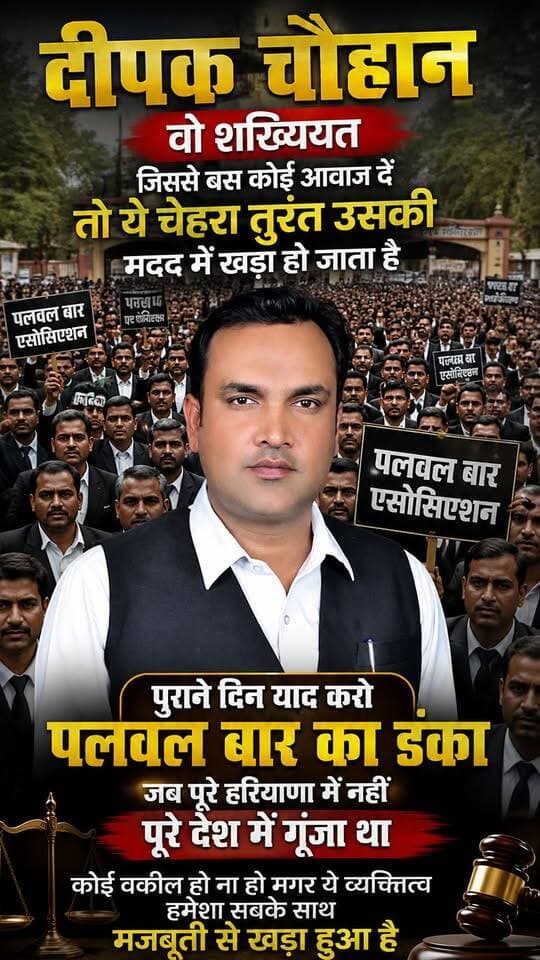हर कोई जानता है Deepak Chauhan सबके साथ 24/7 खड़ा होता है...
.
.
.
.
.
.
.
.
.
.
.
#palwal #palwalnews #NewsUpdate #Advocate #baarelection