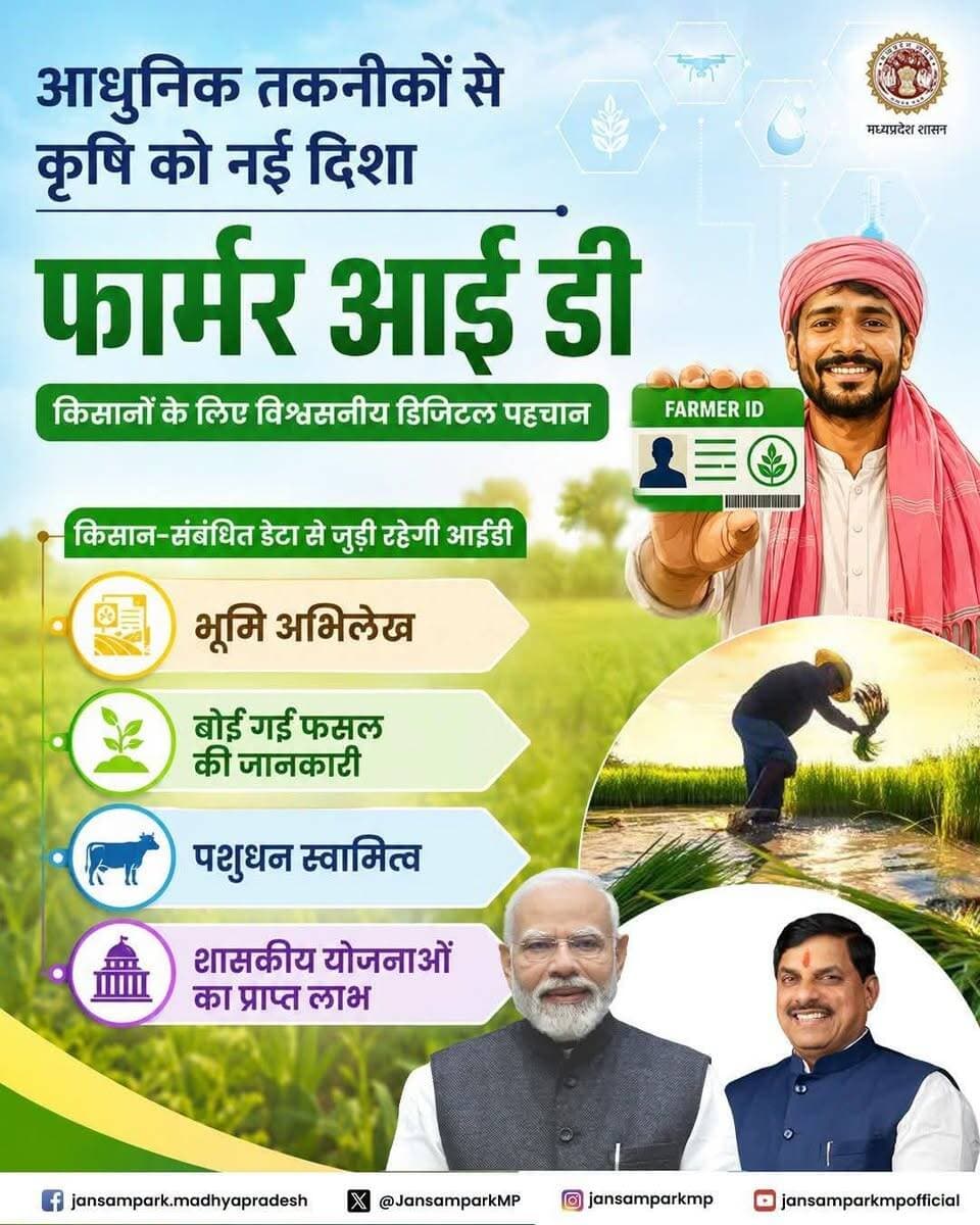 फार्मर आईडी से
किसानों को मिलेगी
डिजिटल पहचान
मुख्यमंत्री डॉ. मोहन यादव की पहल
मध्यप्रदेश में फार्मर आईडी बनाने का अभियान जारी
#कृषक_कल्याण_वर्ष_2026
#Bhopal