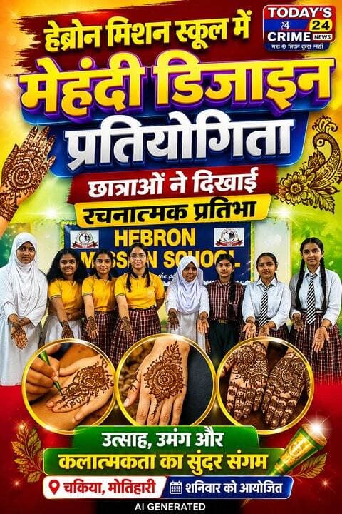 हेब्रोन मिशन स्कूल में मेहंदी डिजाइन प्रतियोगिता, छात्राओं ने दिखाई रचनात्मक प्रतिभा
मोतिहारी के चकिया में हेब्रोन मिशन स्कूल, चकिया में शनिवार को मेहंदी डिजाइन प्रतियोगिता का आयोजन किया गया। प्रतियोगिता में विद्यालय के छात्र-छात्राओं ने उत्साहपूर्वक भाग लिया और अपनी कलात्मक प्रतिभा, रचनात्मक सोच एवं कल्पनाशीलता का शानदार प्रदर्शन किया।कार्यक्रम के दौरान विद्यालय परिसर में उत्साह और उमंग का माहौल बना रहा।।।।।।।।।।।।।।।।
#motiharinews #amiteshkumar #motiharinewsupdate #Todays_24_Crime_News #motiharpolice
