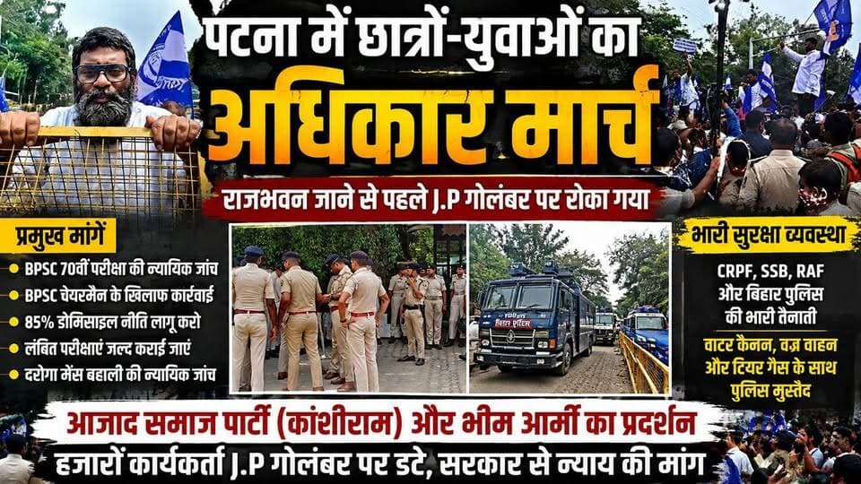 पटना में छात्रों-युवाओं का बड़ा अधिकार मार्च, राजभवन जाने से पहले पुलिस ने रोका
