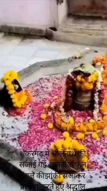 शंकरगढ़ मंदिर में भोलेनाथ की फूल बंगले की झांकी सजा कर प्रार्थना करते हुए श्रद्धालु