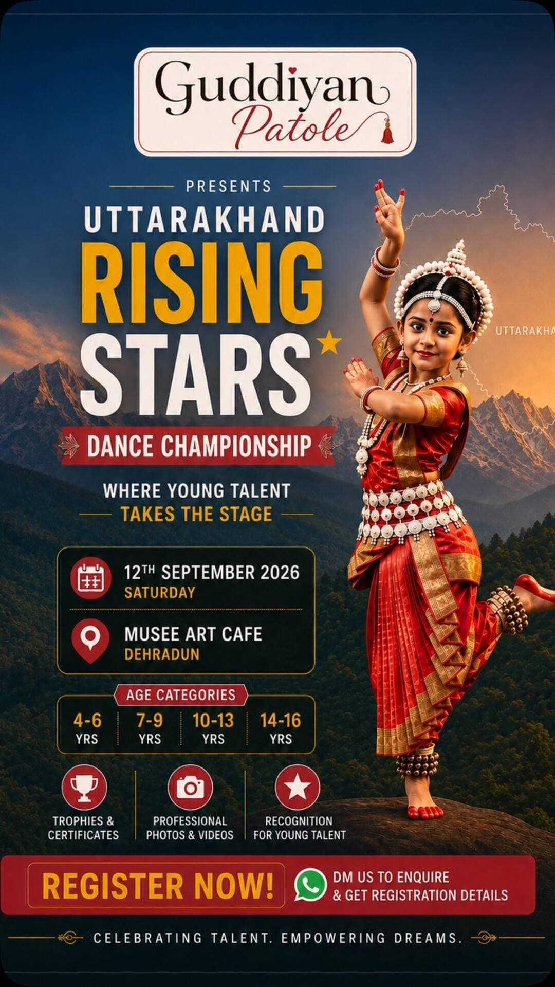 ✨ Uttarakhand’s young talent is ready to take the stage! ✨
Guddiyan Patole proudly presents UTTARAKHAND RISING STARS – DANCE CHAMPIONSHIP 💃🌟
A celebration of passion, talent and the little dreamers who deserve a stage to shine! ❤️
🏆 Trophies & Certificates
📸 Professional Photos & Videos
🌟 Recognition for Young Talent
👧 Age Categories: 4–6 | 7–9 | 10–13 | 14–16 Years
📅 12th September 2025 | Friday
📍 Musee Art Cafe, Dehradun
Let their talent take centre stage! 🌟
Registrations are OPEN!
📲 DM us to enquire & get registration details.
or whatsapp us at 9560029315
#GuddiyanPatole #UttarakhandRisingStars #DanceChampionship #DehradunEvents #DehradunKids KidsDance DanceCompetition YoungTalent UttarakhandTalent Dehradun KidsOfDehradun DanceDehradun SupportYoungTalent UttarakhandEvents