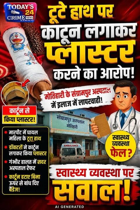 टूटे हाथ पर कार्टून लगाकर प्लास्टर करने का आरोप, मोतिहारी में स्वास्थ्य व्यवस्था पर सवाल
स्वास्थ्य व्यवस्था को बेहतर करने के सरकार के दावों के बीच मोतिहारी के संग्रामपुर अस्पताल से इलाज में लापरवाही का कथित मामला सामने आया है। आरोप है कि मारपीट में घायल महिला के टूटे हाथ पर डॉक्टरों ने कार्टून लगाकर प्लास्टर कर दिया। हालत गंभीर होने पर महिला को मोतिहारी सदर अस्पताल रेफर किया गया, जहां भी कार्टून हटाने के बजाय उसके ऊपर ही बैंडेज कर दिए जाने का आरोप है।।।।।।।।।।।।।।।।।।।
#motiharinews #amiteshkumar #motiharinewsupdate #Todays_24_Crime_News #motiharpolice